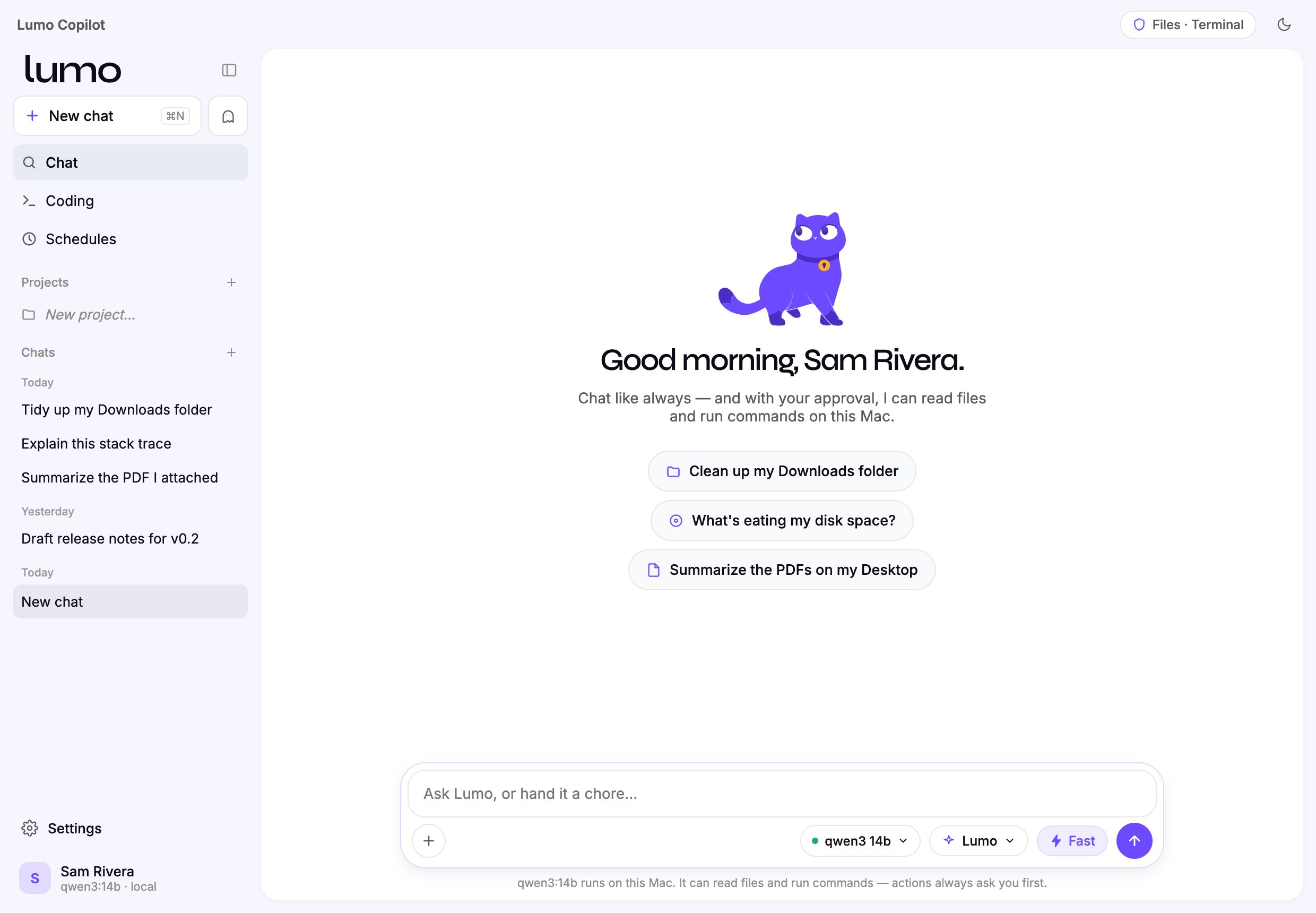 The Lumo Copilot chat window running a local model