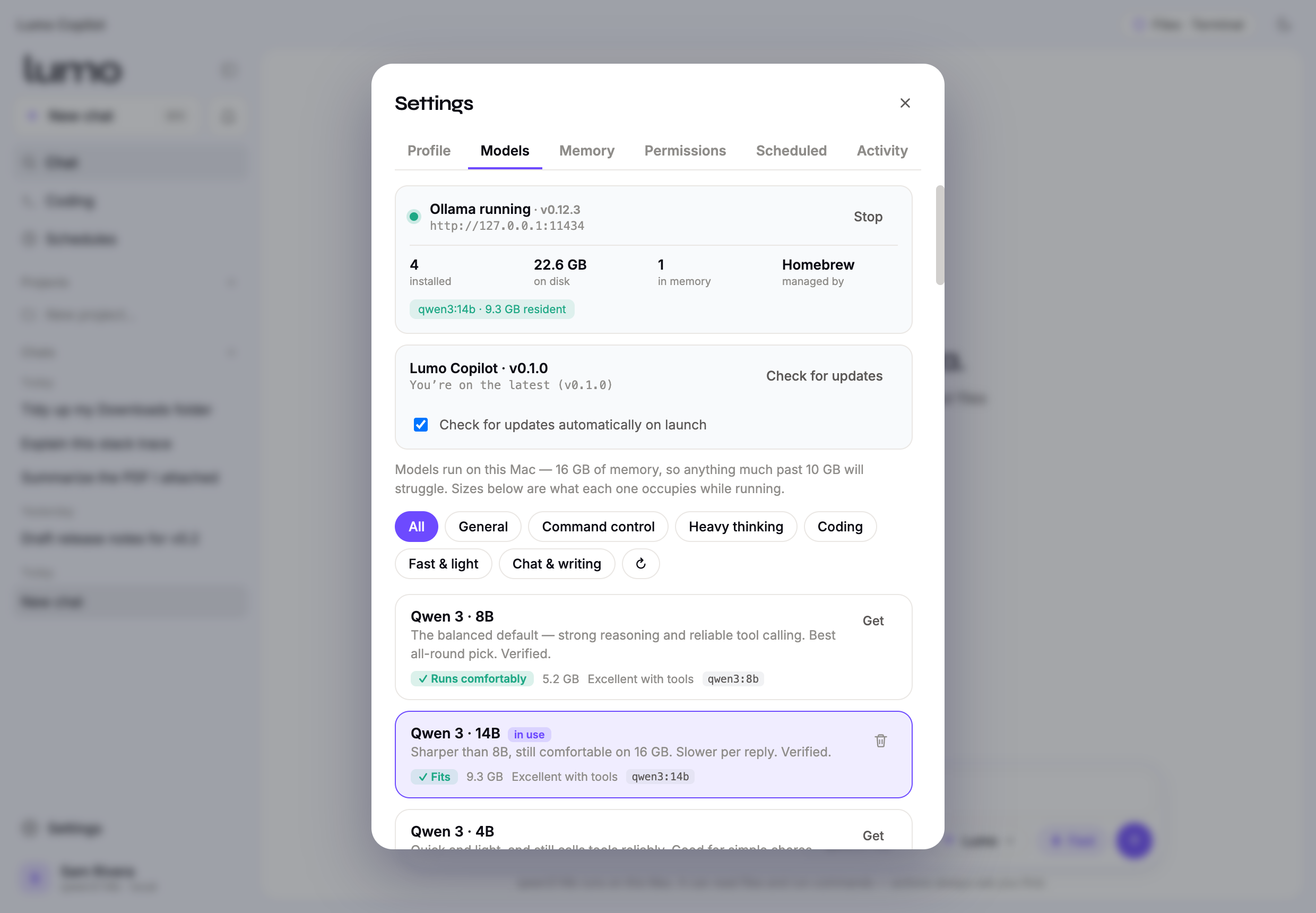 The model picker showing capability categories and memory fit